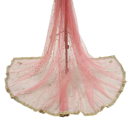 Indian Vintage Heavy Pink Dupatta Net Mesh Long Stole Hand Embroidered Scarves Golden Zardozi Zari Sequins Hijab Veil wrap Boho