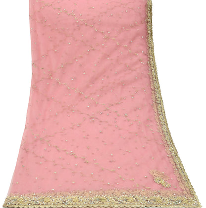 Indian Vintage Heavy Pink Dupatta Net Mesh Long Stole Hand Embroidered Scarves Golden Zardozi Zari Sequins Hijab Veil wrap Boho