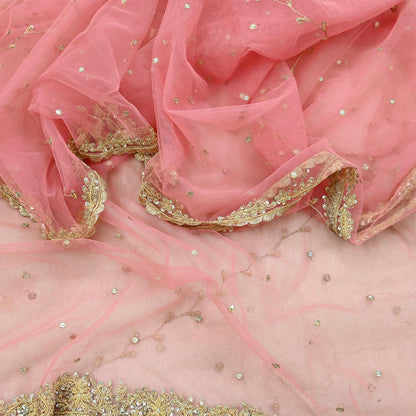 Indian Vintage Heavy Pink Dupatta Net Mesh Long Stole Hand Embroidered Scarves Golden Zardozi Zari Sequins Hijab Veil wrap Boho