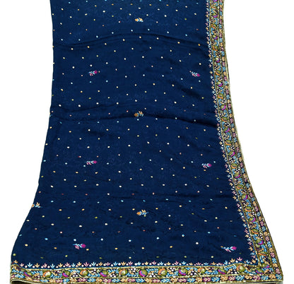 Indian Vintage Blue Dupatta Pure silk Long Stole Hand Embroidered Scarves Floral Design Stole Veil Wrap Zari