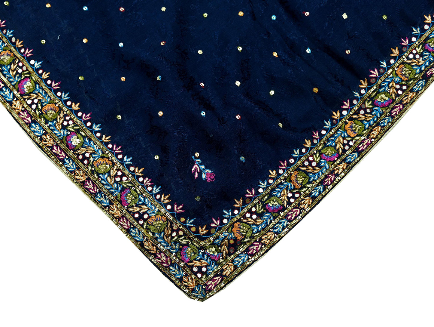 Indian Vintage Blue Dupatta Pure silk Long Stole Hand Embroidered Scarves Floral Design Stole Veil Wrap Zari