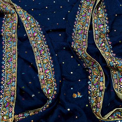 Indian Vintage Blue Dupatta Pure silk Long Stole Hand Embroidered Scarves Floral Design Stole Veil Wrap Zari