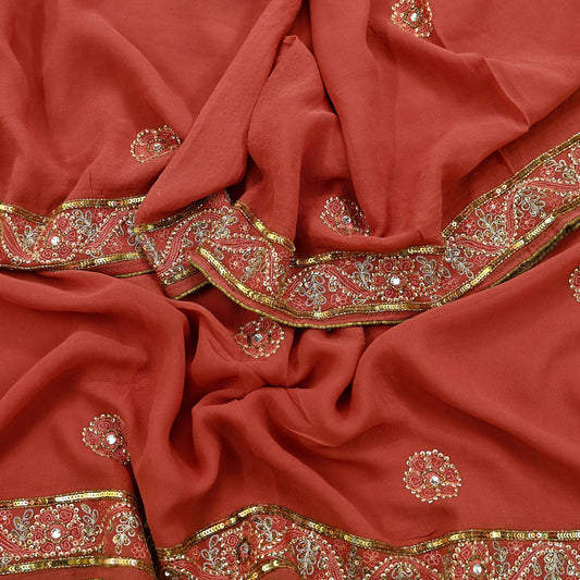 Indian Vintage Coral Pink Dupatta Pure Georgette silk Long Stole Hand Embroidered Scarves Stole Veil Wrap Sequins
