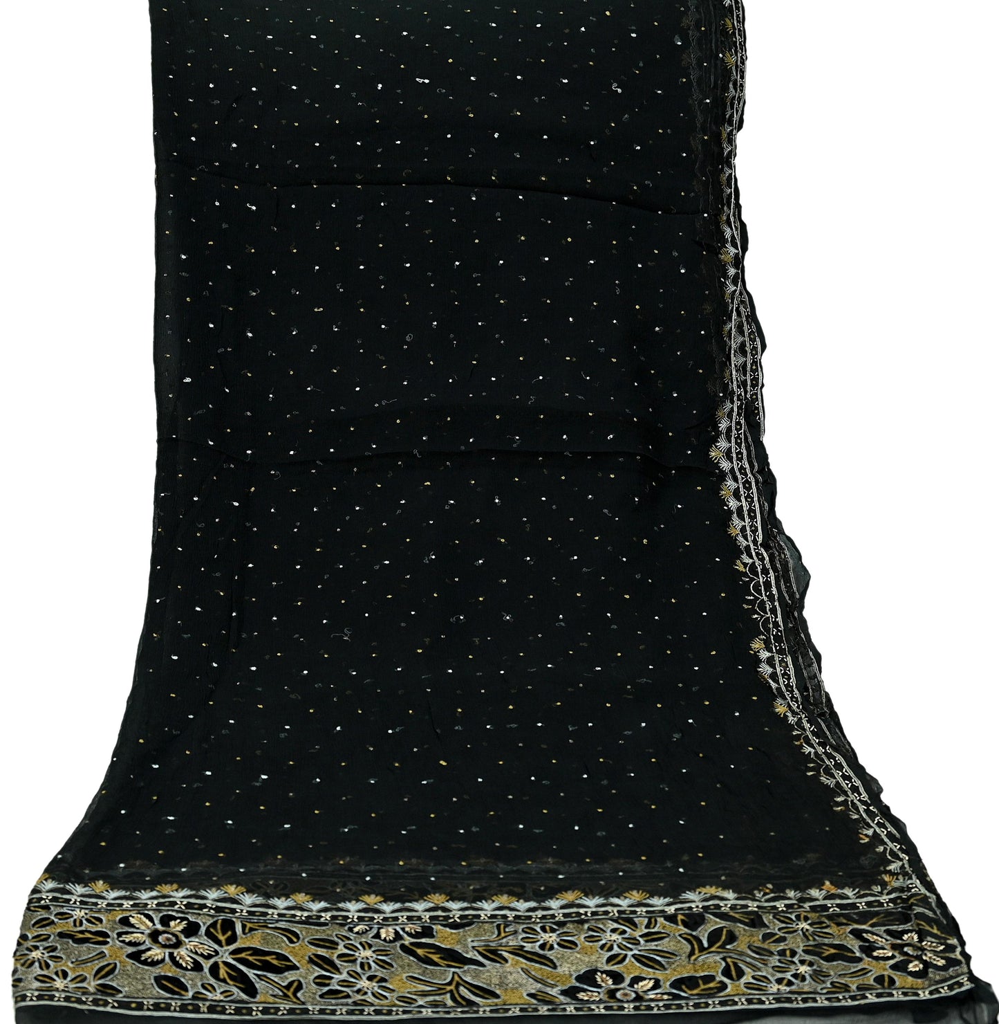 Indian Vintage Black Dupatta Pure Chiffon silk Long Stole Hand Embroidered Scarves Floral Design Stole Veil Wrap Zari Zardozi
