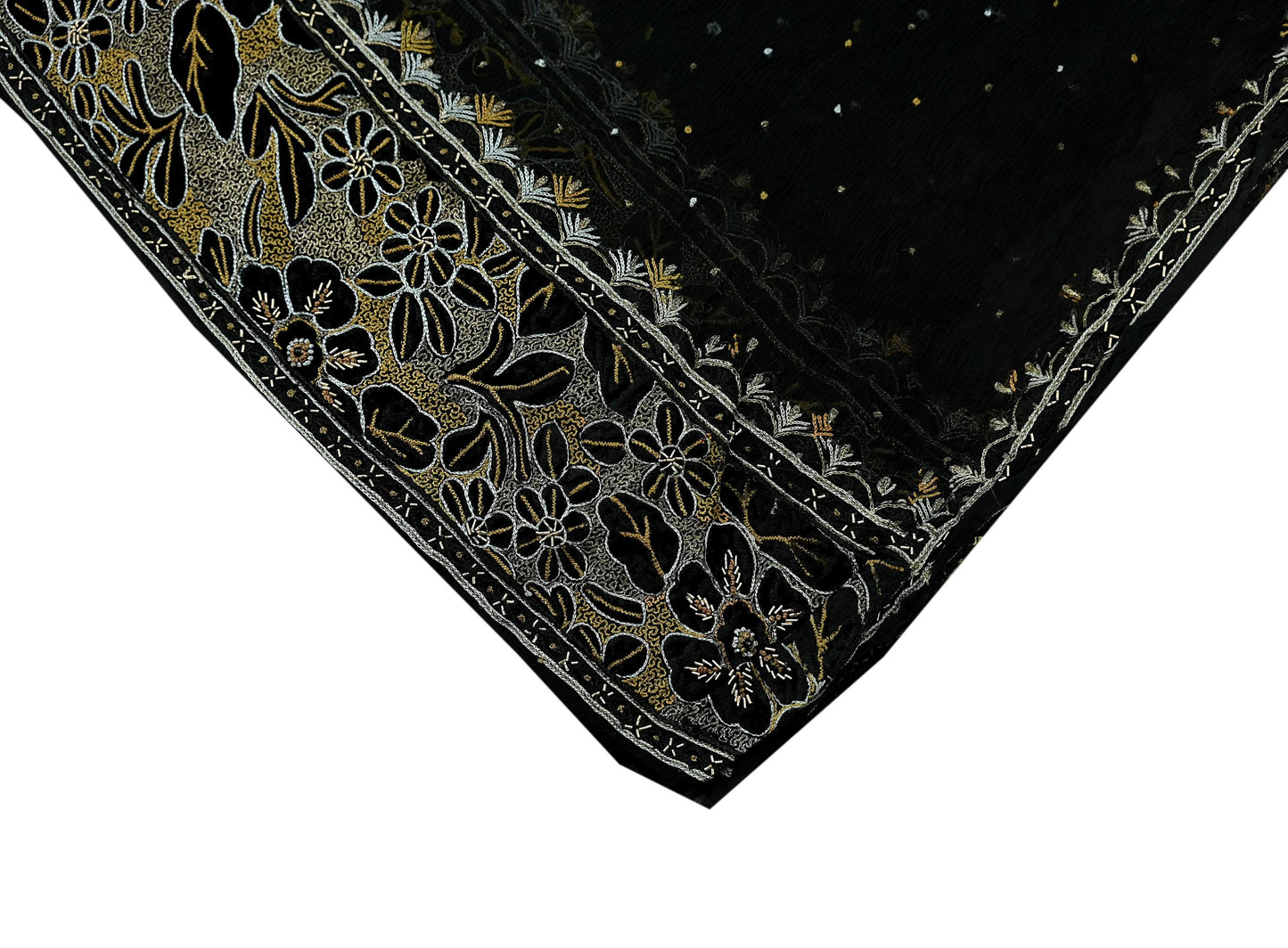 Indian Vintage Black Dupatta Pure Chiffon silk Long Stole Hand Embroidered Scarves Floral Design Stole Veil Wrap Zari Zardozi