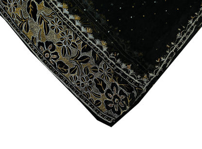 Indian Vintage Black Dupatta Pure Chiffon silk Long Stole Hand Embroidered Scarves Floral Design Stole Veil Wrap Zari Zardozi