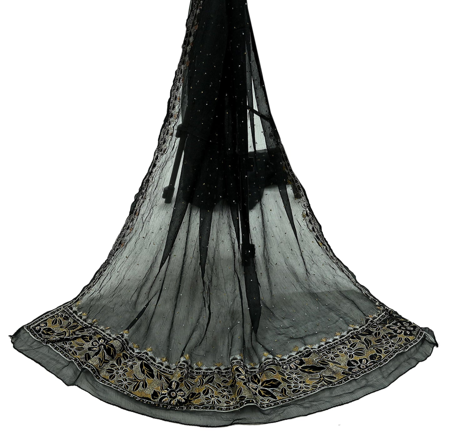 Indian Vintage Black Dupatta Pure Chiffon silk Long Stole Hand Embroidered Scarves Floral Design Stole Veil Wrap Zari Zardozi
