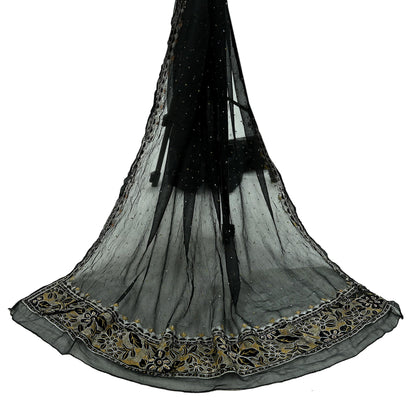 Indian Vintage Black Dupatta Pure Chiffon silk Long Stole Hand Embroidered Scarves Floral Design Stole Veil Wrap Zari Zardozi