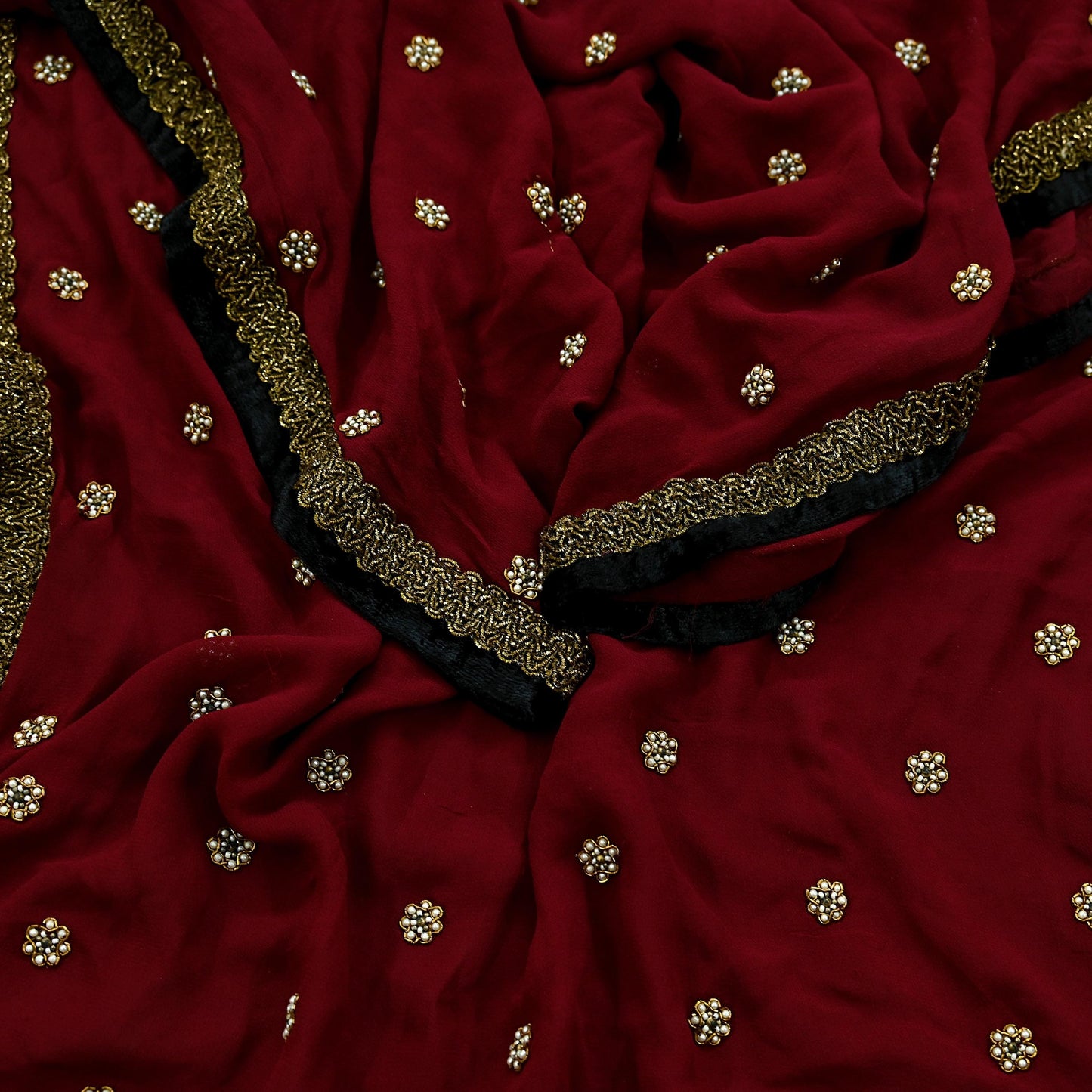 Indian Vintage Maroon Dupatta Pure Georgette silk Long Stole Hand Embroidered Scarves Stole Veil Wrap Sequins Zardozi