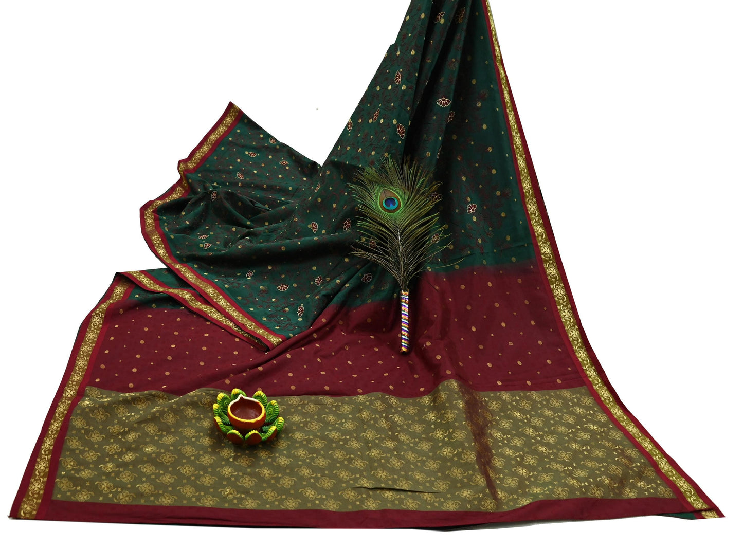 Indian Vintage Heavy Green & maroon Kanjivaram Saree 100% Pure Silk Sari Metallic Golden Zari 5Yd Floral Crafting Dress making