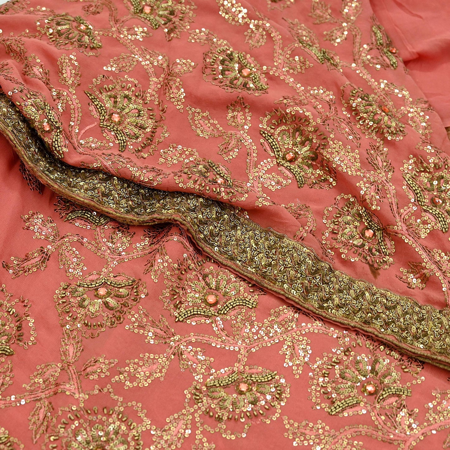 Indian Vintage Heavy Sarees Peach Pure Georgette Silk Hand Embroidered Sari Fabric 5Yd Sewing Ethnic Zardozi/dabka zari Wedding sarees