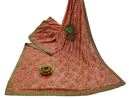 Indian Vintage Heavy Sarees Peach Pure Georgette Silk Hand Embroidered Sari Fabric 5Yd Sewing Ethnic Zardozi/dabka zari Wedding sarees