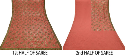 Indian Vintage Heavy Sarees Peach Pure Georgette Silk Hand Embroidered Sari Fabric 5Yd Sewing Ethnic Zardozi/dabka zari Wedding sarees
