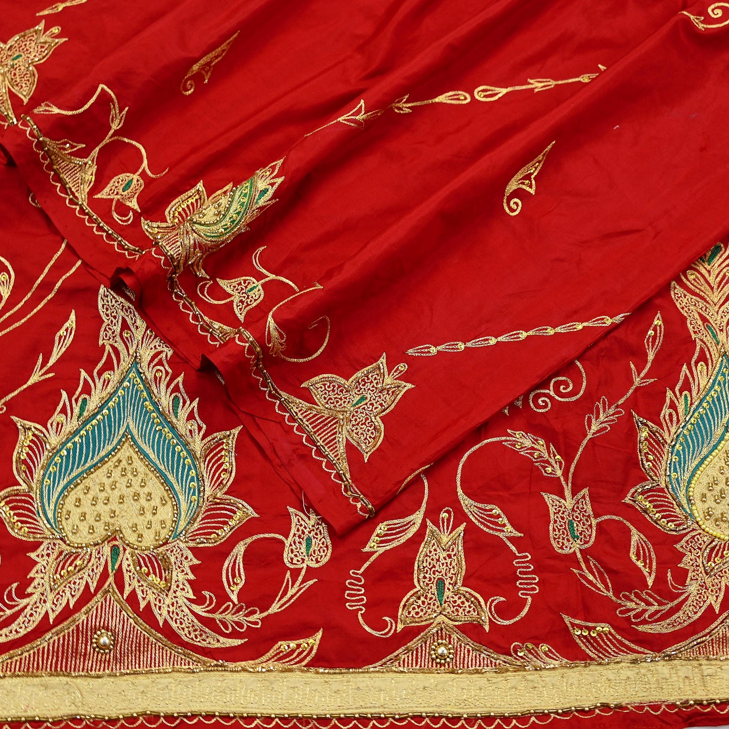 Indian Vintage Heavy Bridal Dupatta Red Pure Silk Long Stole Hand Embroidered Hijab Scarf Zardozi/Dabka Zari Wedding Dupatta