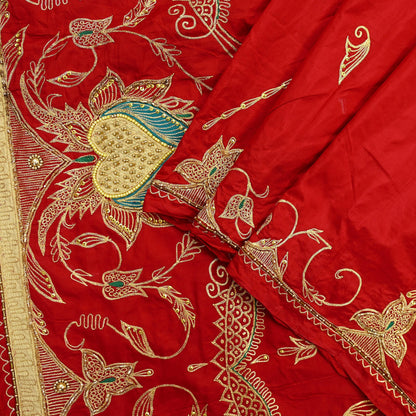 Indian Vintage Heavy Bridal Dupatta Red Pure Silk Long Stole Hand Embroidered Hijab Scarf Zardozi/Dabka Zari Wedding Dupatta