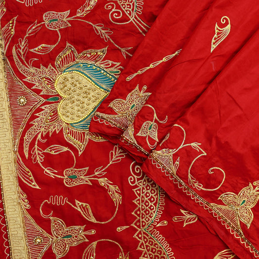 Indian Vintage Heavy Bridal Dupatta Red Pure Silk Long Stole Hand Embroidered Hijab Scarf Zardozi/Dabka Zari Wedding Dupatta