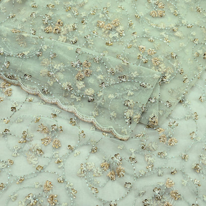 Indian Vintage Heavy Bridal Dupatta Green Net Mesh Long Stole Hand Embroidered Scarves Golden Zardozi Dabka Zari Wedding Veil Hijab