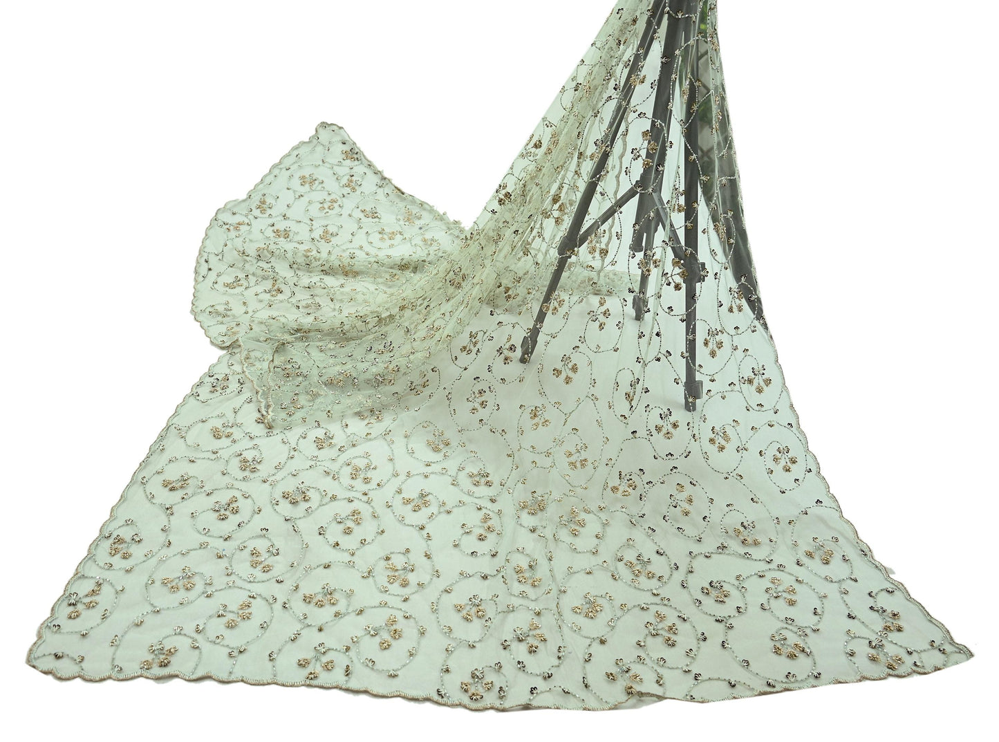 Indian Vintage Heavy Bridal Dupatta Green Net Mesh Long Stole Hand Embroidered Scarves Golden Zardozi Dabka Zari Wedding Veil Hijab