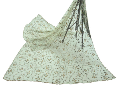 Indian Vintage Heavy Bridal Dupatta Green Net Mesh Long Stole Hand Embroidered Scarves Golden Zardozi Dabka Zari Wedding Veil Hijab