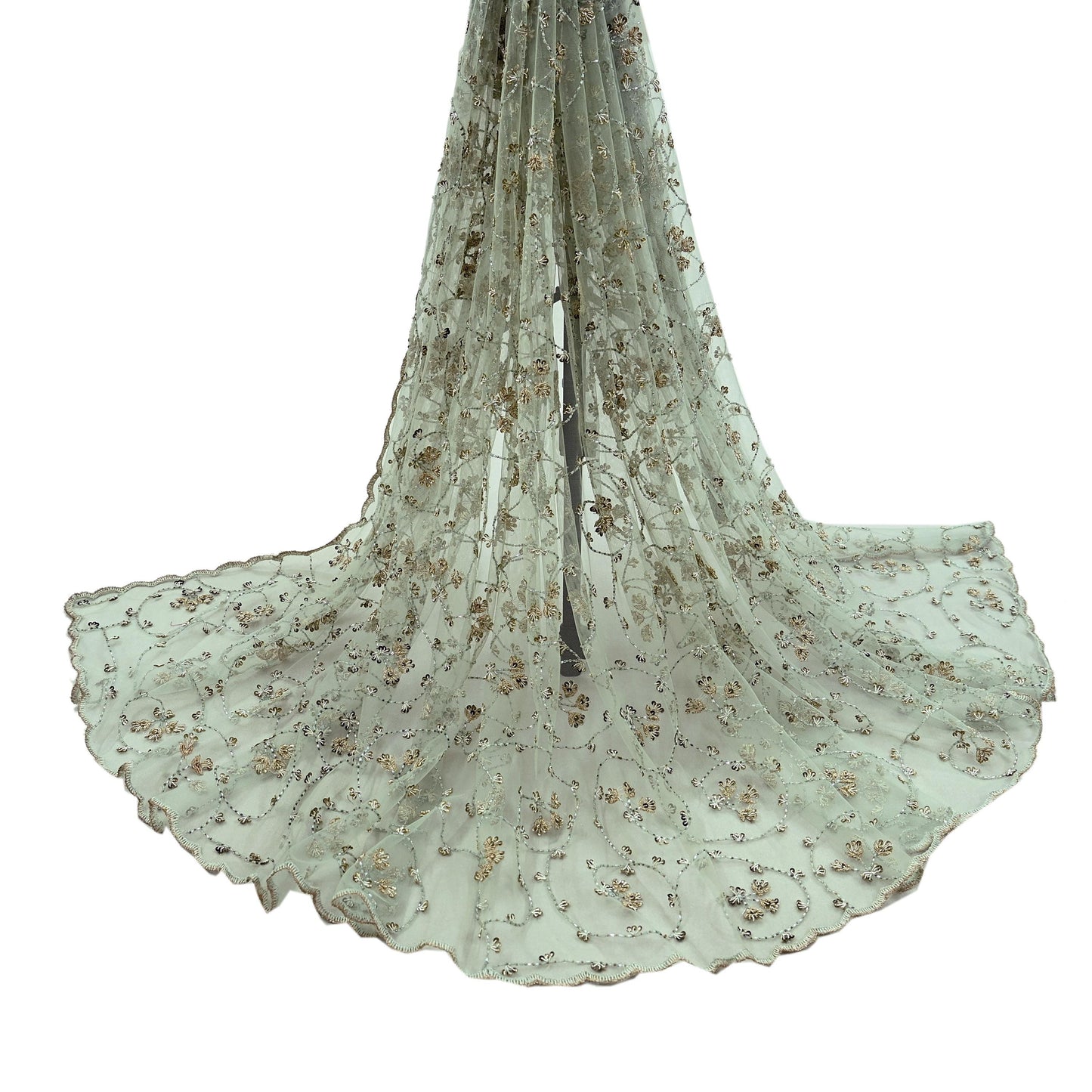 Indian Vintage Heavy Bridal Dupatta Green Net Mesh Long Stole Hand Embroidered Scarves Golden Zardozi Dabka Zari Wedding Veil Hijab