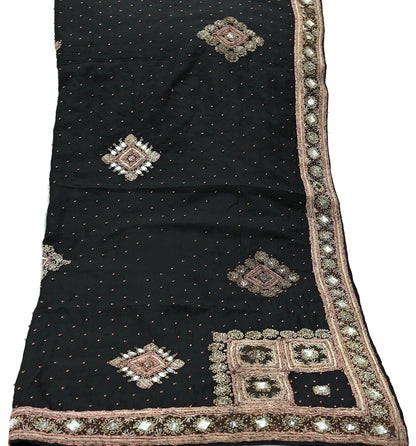 Indian Vintage Heavy Black Dupatta Pure Silk Long Stole Hand Embroidered Scarves Dabka Zardozi Zari Stole