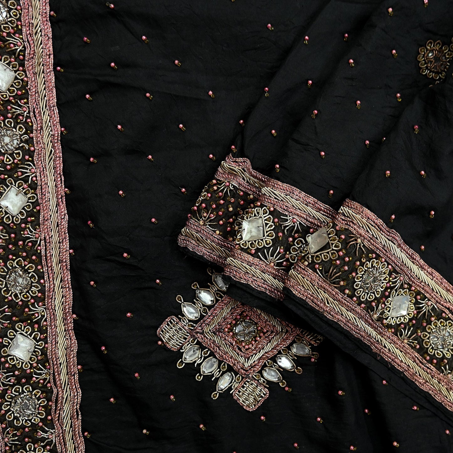 Indian Vintage Heavy Black Dupatta Pure Silk Long Stole Hand Embroidered Scarves Dabka Zardozi Zari Stole