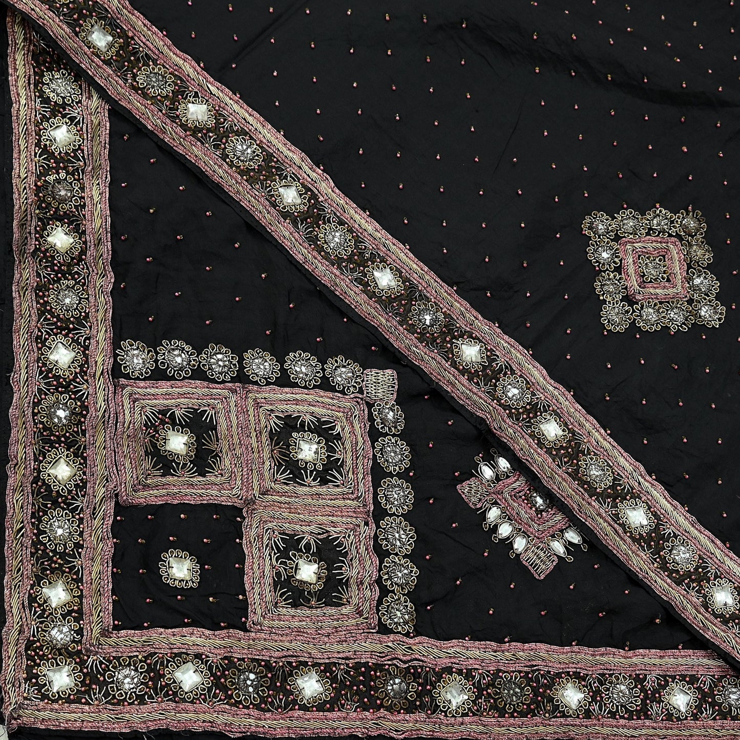 Indian Vintage Heavy Black Dupatta Pure Silk Long Stole Hand Embroidered Scarves Dabka Zardozi Zari Stole