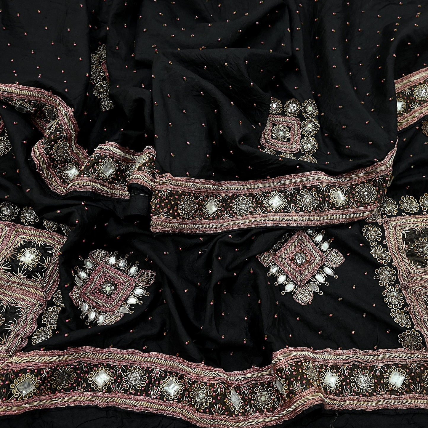 Indian Vintage Heavy Black Dupatta Pure Silk Long Stole Hand Embroidered Scarves Dabka Zardozi Zari Stole