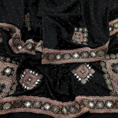 Indian Vintage Heavy Black Dupatta Pure Silk Long Stole Hand Embroidered Scarves Dabka Zardozi Zari Stole
