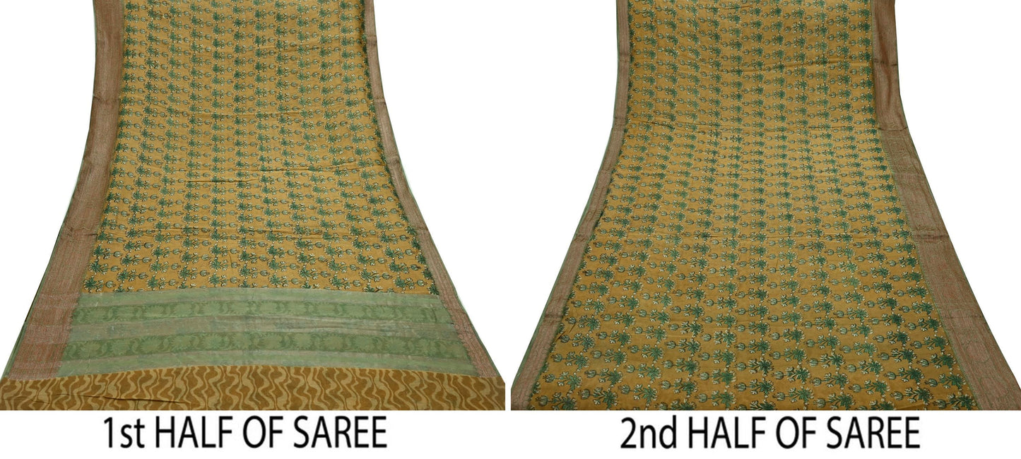 Indian Vintage Sari Pure chanderi Silk Block Printed Sarees Craft Fabric 5Yd Zari Border Floral Dress making bollywood silk sarees