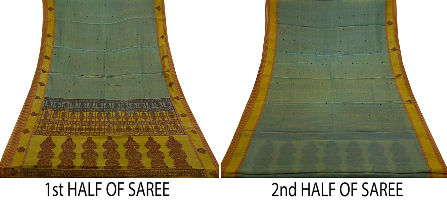 Indian Vintage Sarees Green 100% Pure Silk  Hand Woven Sari Craft Fabric 5Yd Ethnic Floral Dress making Crafting Upcycle Quilting