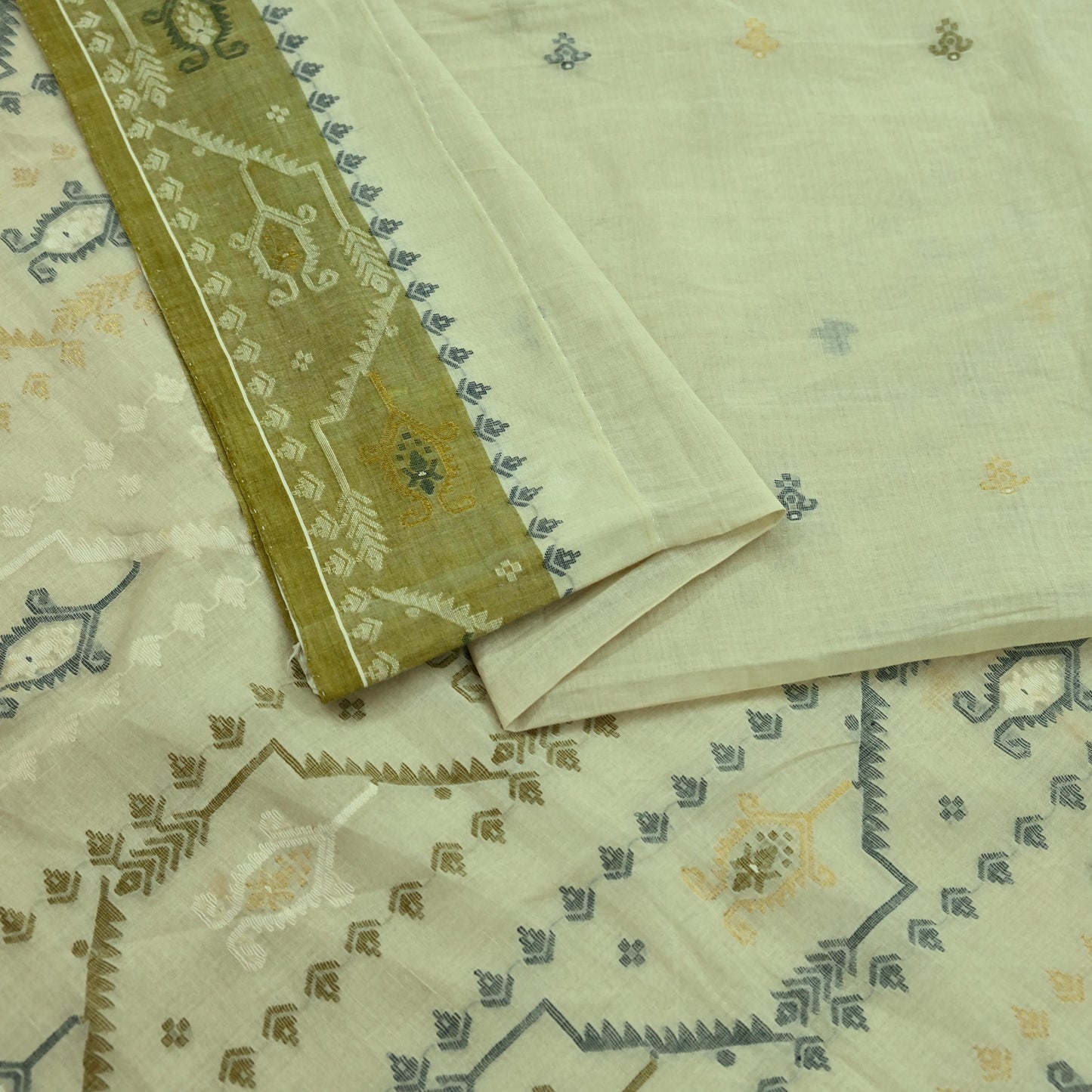 Indian Vintage Sari Olive Green Pure Cotton Bengali Handloom Tant Sarees Craft Fabric 5Yd Sewing Soft Crafting Dress making Upcycle Quilting