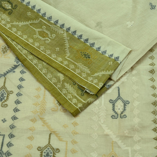 Indian Vintage Sari Olive Green Pure Cotton Bengali Handloom Tant Sarees Craft Fabric 5Yd Sewing Soft Crafting Dress making Upcycle Quilting