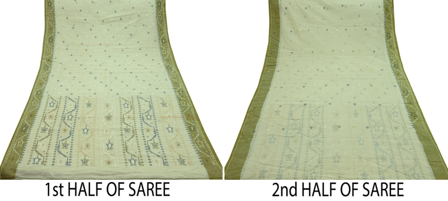 Indian Vintage Sari Olive Green Pure Cotton Bengali Handloom Tant Sarees Craft Fabric 5Yd Sewing Soft Crafting Dress making Upcycle Quilting