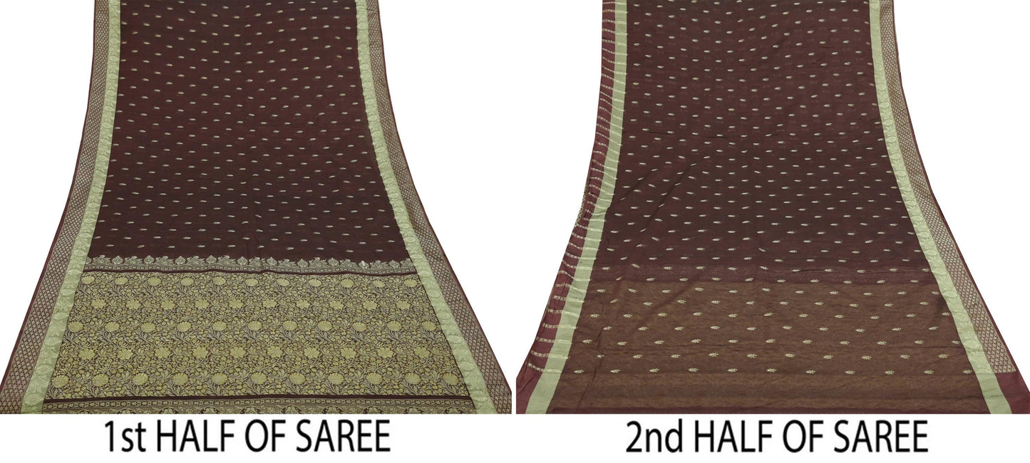 Indian Vintage Sari Brown 100% Pure Silk Hand Woven Sarees Craft Fabric 5Yd Ethnic Sewing Dress making Crafting Quilting Upcycle