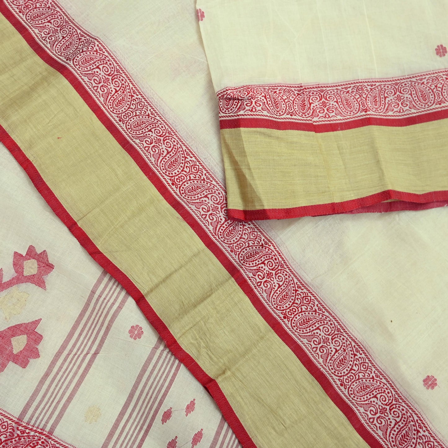 Indian Vintage Sari Ivory Pure Cotton Bengali Handloom Tant Sarees Craft Fabric 5Yd Sewing Soft Crafting Dress making Upcycle Quilting