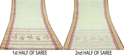 Indian Vintage Sari Ivory Pure Cotton Bengali Handloom Tant Sarees Craft Fabric 5Yd Sewing Soft Crafting Dress making Upcycle Quilting