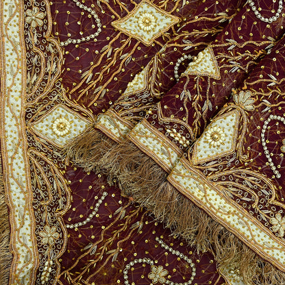 Indian Vintage Heavy Bridal Wine Dupatta Pure Chiffon Silk Long Stole Hand Embroidered Scarf Zardozi/Dabka Zari Sequins Wedding Veil Hijab