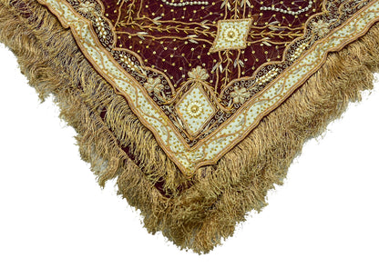 Indian Vintage Heavy Bridal Wine Dupatta Pure Chiffon Silk Long Stole Hand Embroidered Scarf Zardozi/Dabka Zari Sequins Wedding Veil Hijab