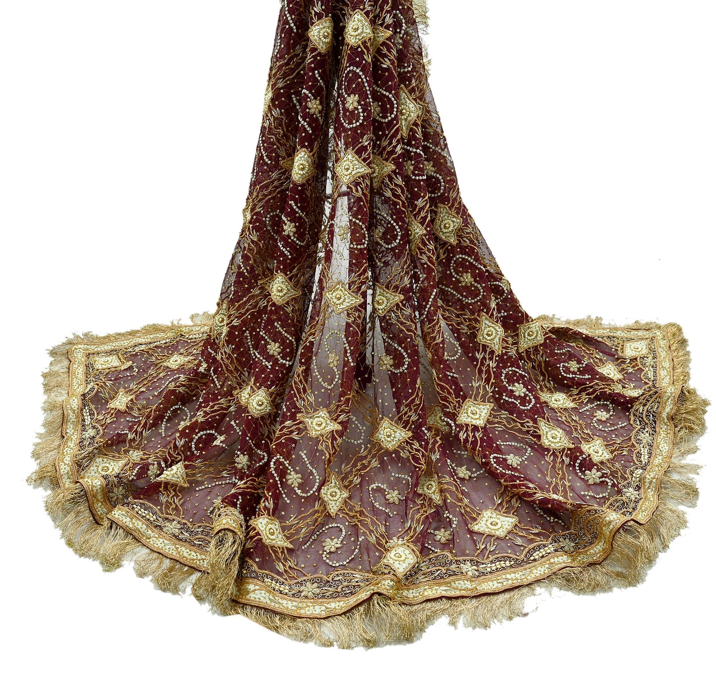 Indian Vintage Heavy Bridal Wine Dupatta Pure Chiffon Silk Long Stole Hand Embroidered Scarf Zardozi/Dabka Zari Sequins Wedding Veil Hijab