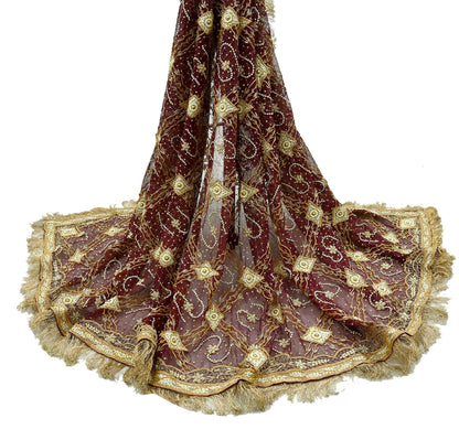 Indian Vintage Heavy Bridal Wine Dupatta Pure Chiffon Silk Long Stole Hand Embroidered Scarf Zardozi/Dabka Zari Sequins Wedding Veil Hijab