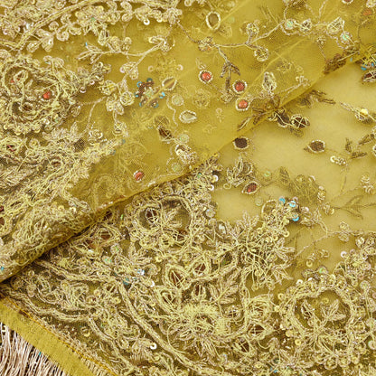 Indian Vintage Heavy Yellow Dupatta Net Mesh Long Stole Hand Embroidered Scarves Golden Zardozi Zari Beaded Stole