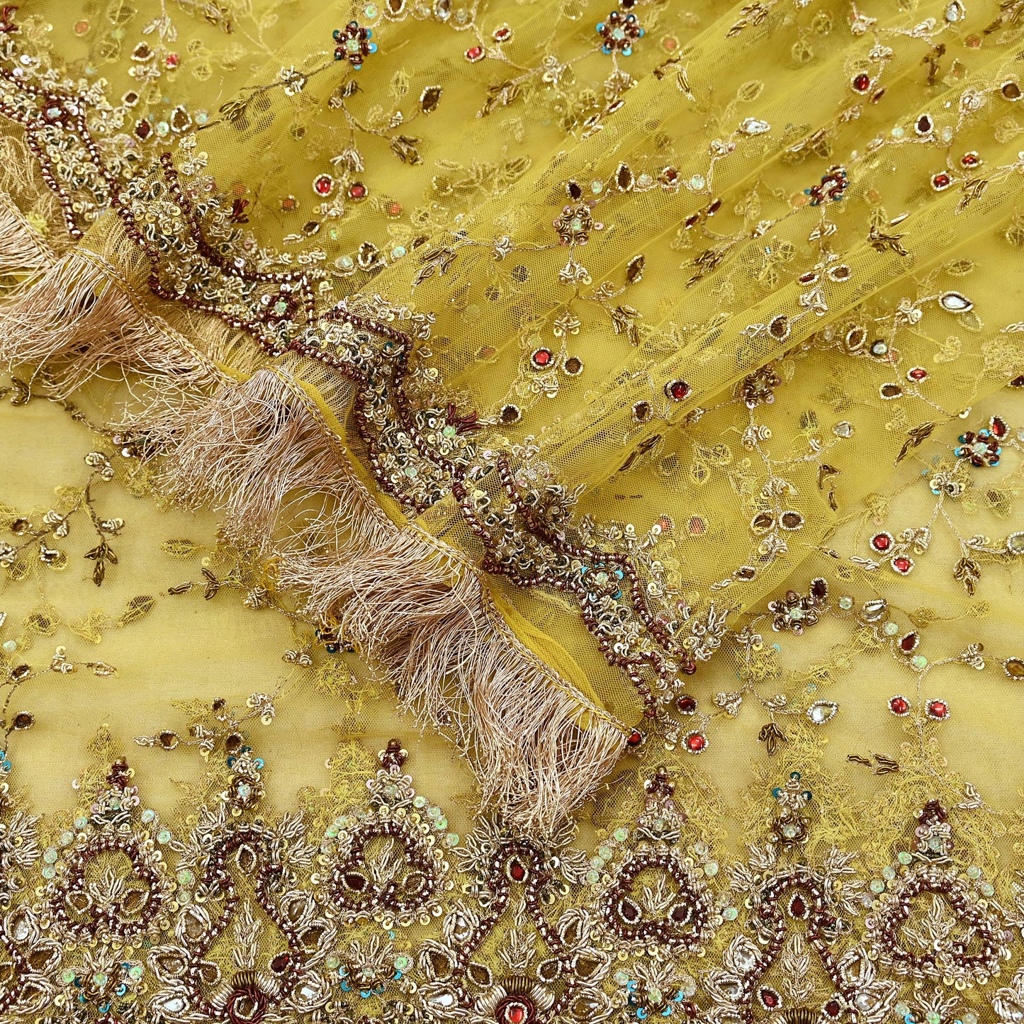 Indian Vintage Heavy Yellow Dupatta Net Mesh Long Stole Hand Embroidered Scarves Golden Zardozi Zari Beaded Stole