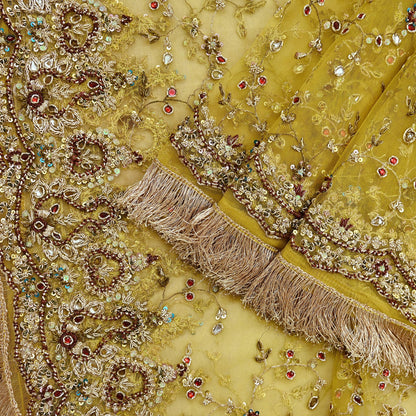 Indian Vintage Heavy Yellow Dupatta Net Mesh Long Stole Hand Embroidered Scarves Golden Zardozi Zari Beaded Stole