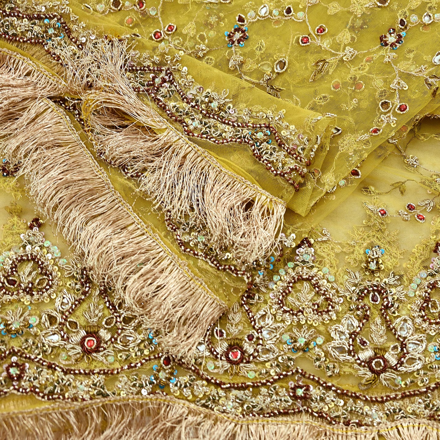 Indian Vintage Heavy Yellow Dupatta Net Mesh Long Stole Hand Embroidered Scarves Golden Zardozi Zari Beaded Stole