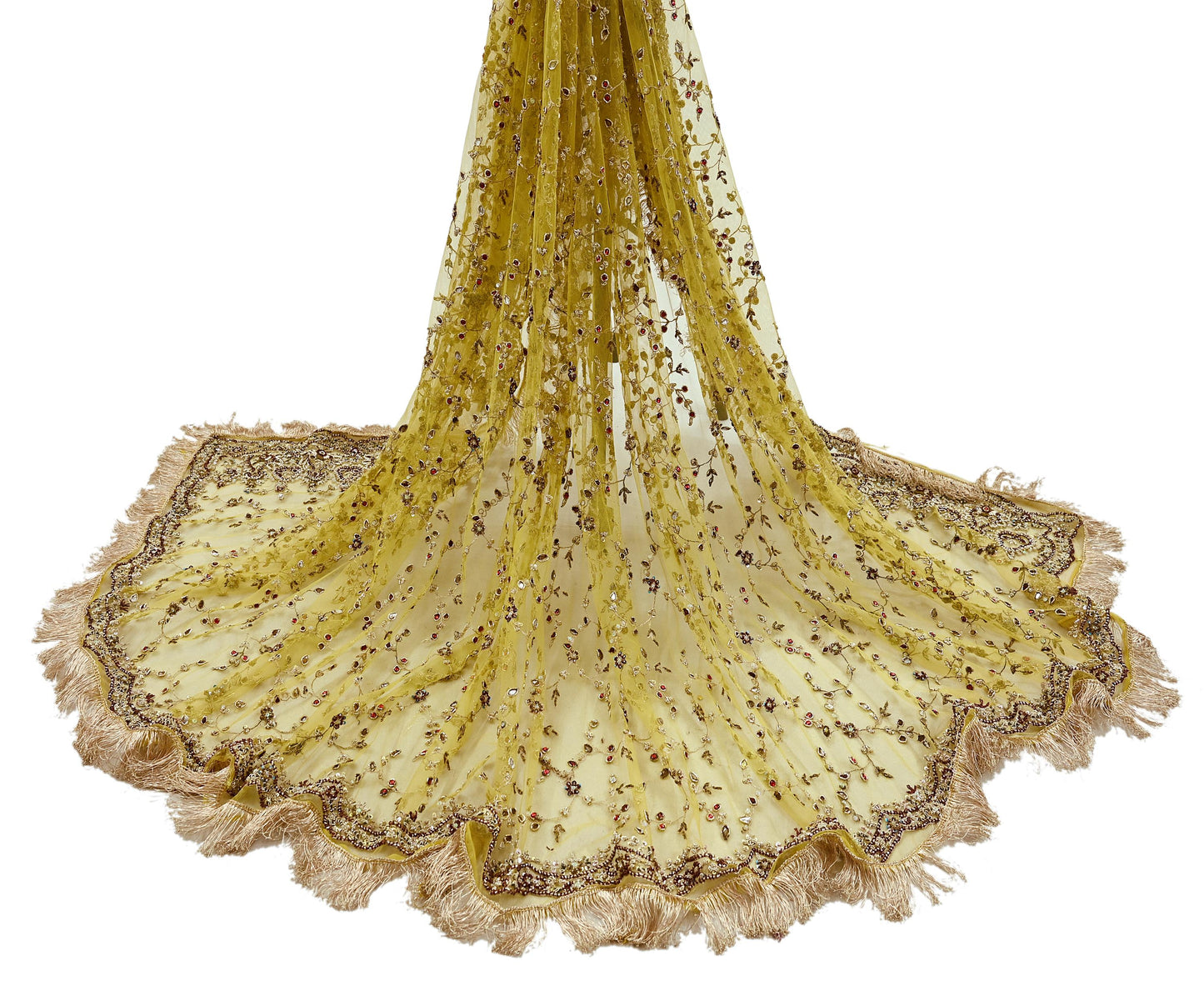 Indian Vintage Heavy Yellow Dupatta Net Mesh Long Stole Hand Embroidered Scarves Golden Zardozi Zari Beaded Stole