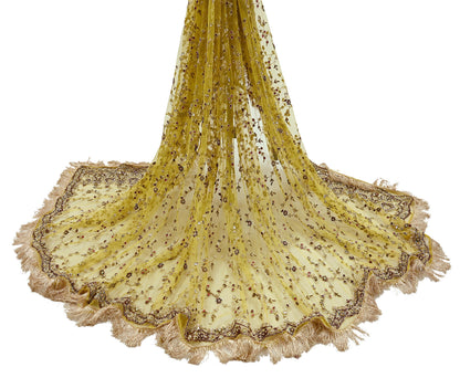 Indian Vintage Heavy Yellow Dupatta Net Mesh Long Stole Hand Embroidered Scarves Golden Zardozi Zari Beaded Stole