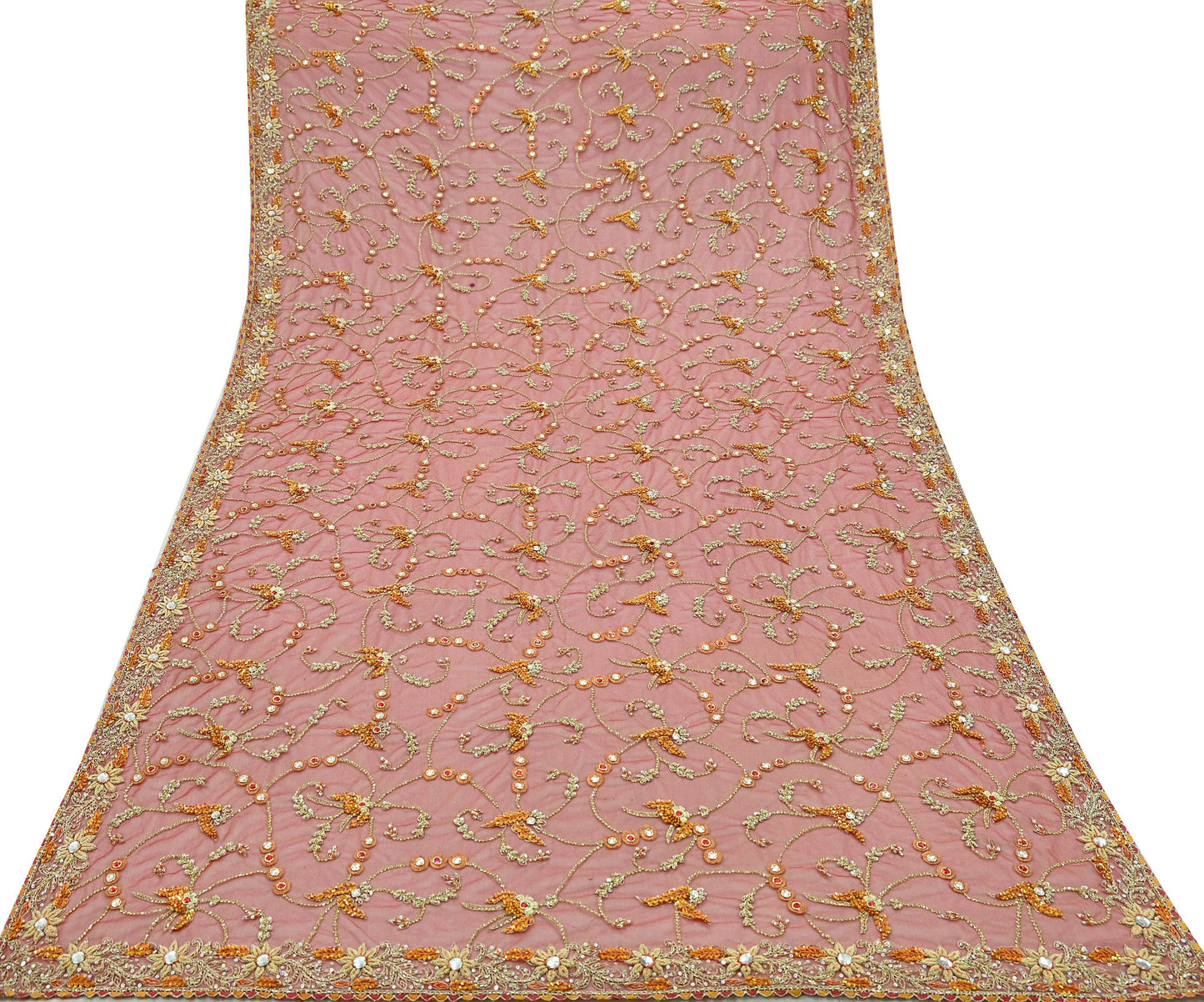 Indian Vintage Heavy Wedding Red Dupatta Net Mesh Long Stole Hand Embroidered Scarves Golden Zardozi Dabka Zari Bridal Veil