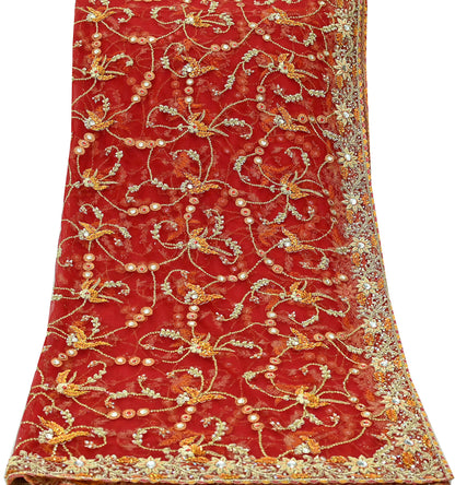 Indian Vintage Heavy Wedding Red Dupatta Net Mesh Long Stole Hand Embroidered Scarves Golden Zardozi Dabka Zari Bridal Veil