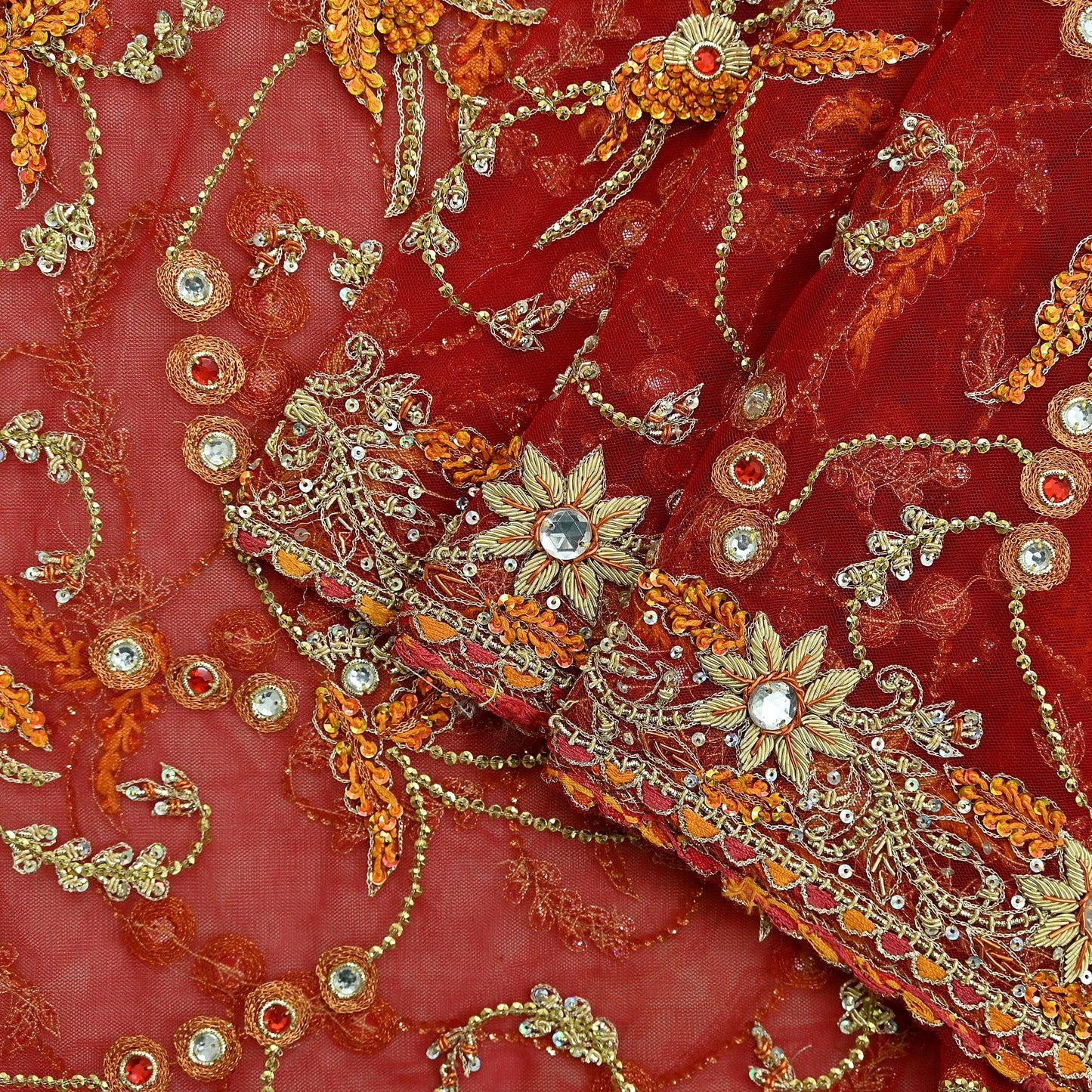 Indian Vintage Heavy Wedding Red Dupatta Net Mesh Long Stole Hand Embroidered Scarves Golden Zardozi Dabka Zari Bridal Veil